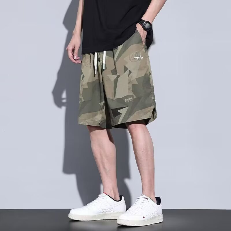 Summer ice silk sports five point shorts for men's fashion thin, loose, cool, breathable, student casual camouflage work pants