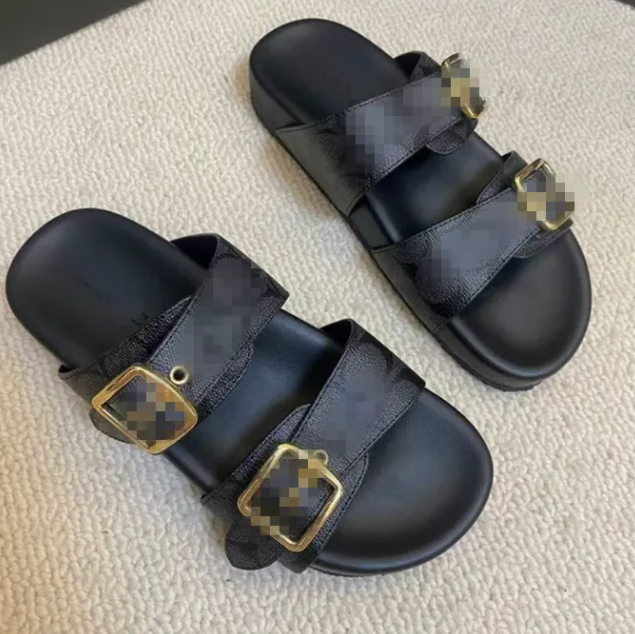 Fashion Slippers Sandals double Straps Ladies Feel Calfskin Leather sandals mens womens Metal Buckle Summer Beach Slides sandals