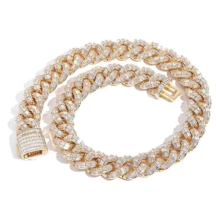 Luxury Jewelry 21mm Wide Sterling Silver D Color VVS Clarity Emerald Cut Moissanite Baguette Diamond Cuban Link Chain