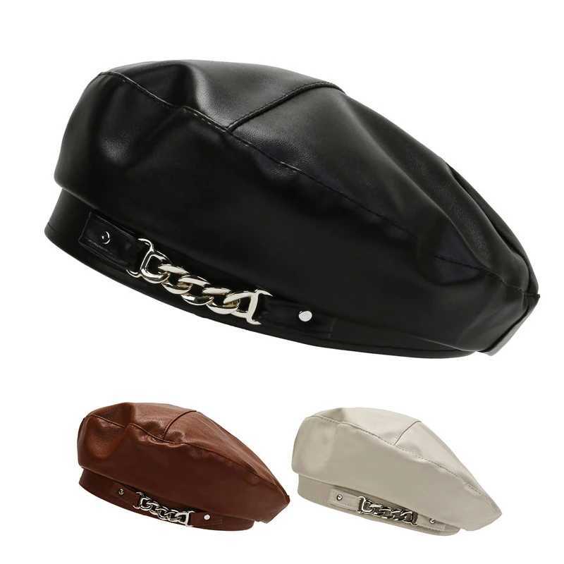 Women Fashion Vintage Elegant Metal Chain Leather Octagonal Beret Ladies Vintage Solid Colours Beret Caps J251125