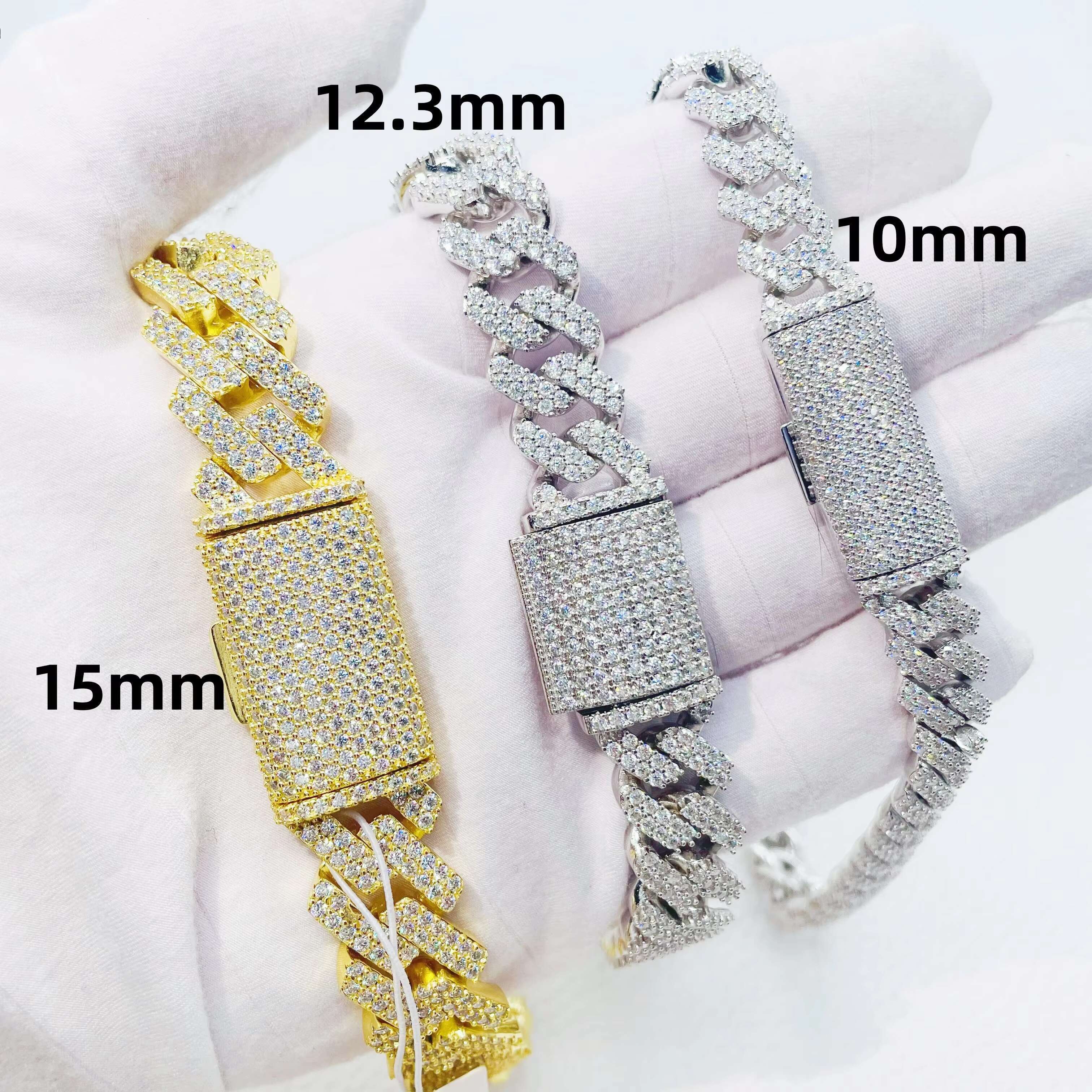 Hand Setting Moissanite Jewelry 10mm 12.3mm 15mm Hiphop Chain S925 Iced Out Two Rows VVS Diamond Cuban Link Chain