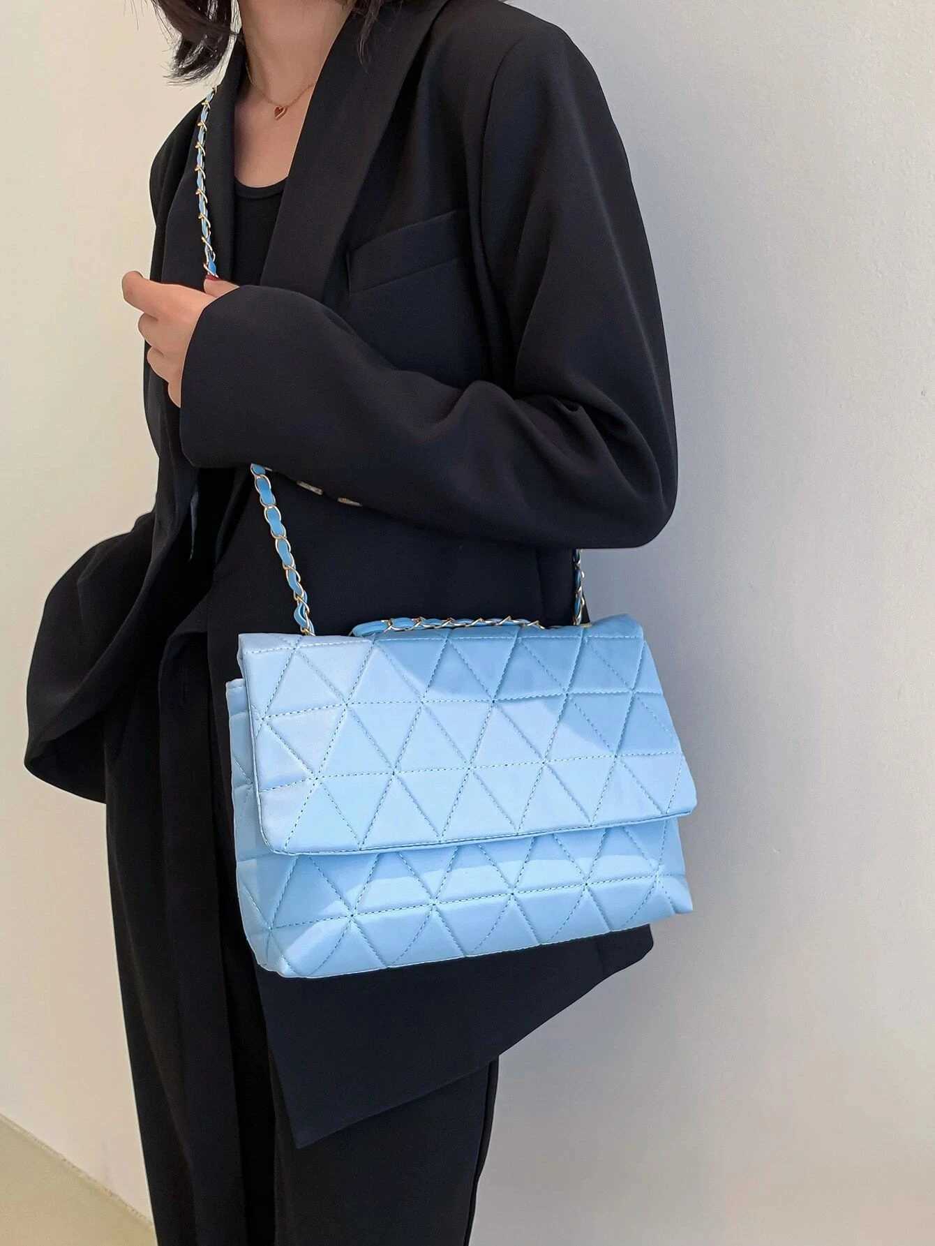 Fashionable blue Pu flip bag gold large capacity niche geometric handbag womens handbag embroidered threaded metal chain shoulder bag W250421