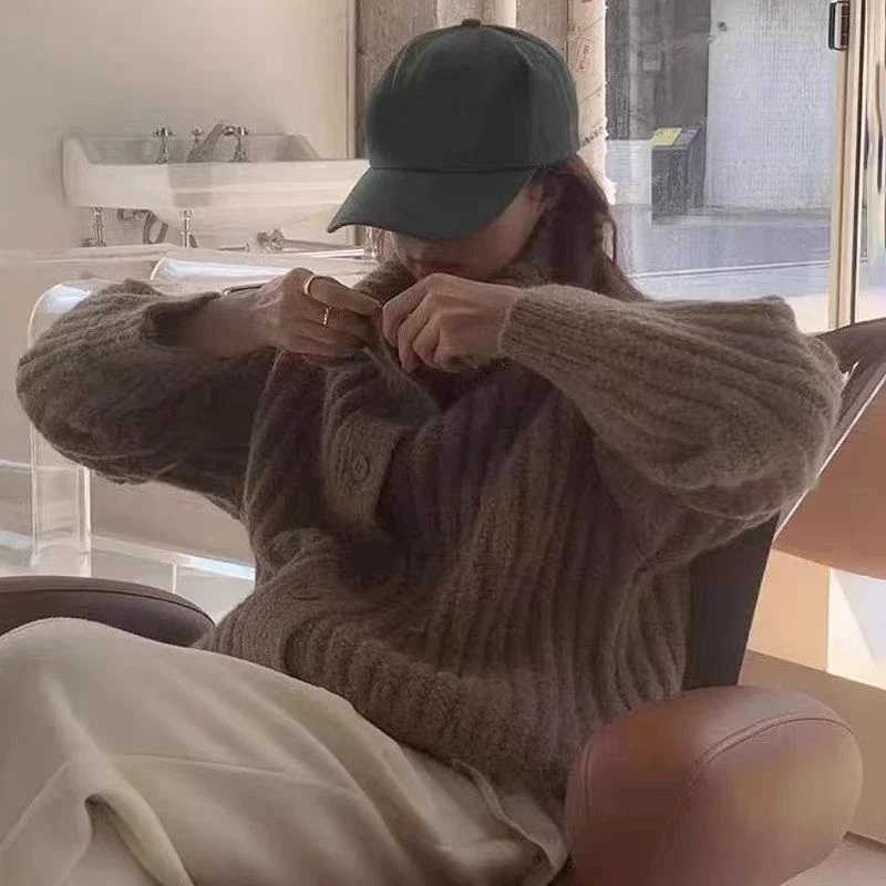 Winter Solid Casual Long Sleeve Office Knitwear Turtleneck Loose Cardigan Women Sweater Pit Strip Thick Knitted Simple JacketsT251125