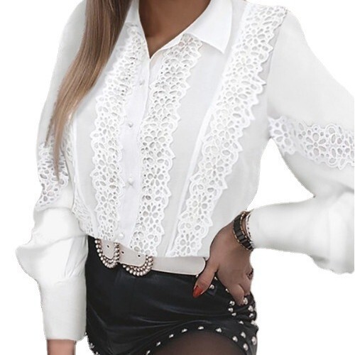 2021 spring and summer fashion lace long sleeve V-neck button shirt womens wear