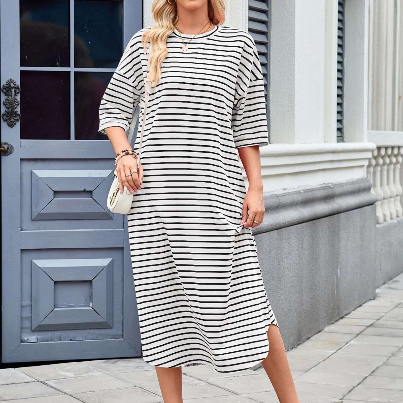 Dongdumaoyi Striped Dress Women Summer New Fashion Korean Medium Long Short Sleeve Knee Length Loose T Shirt Dresses Casual Office