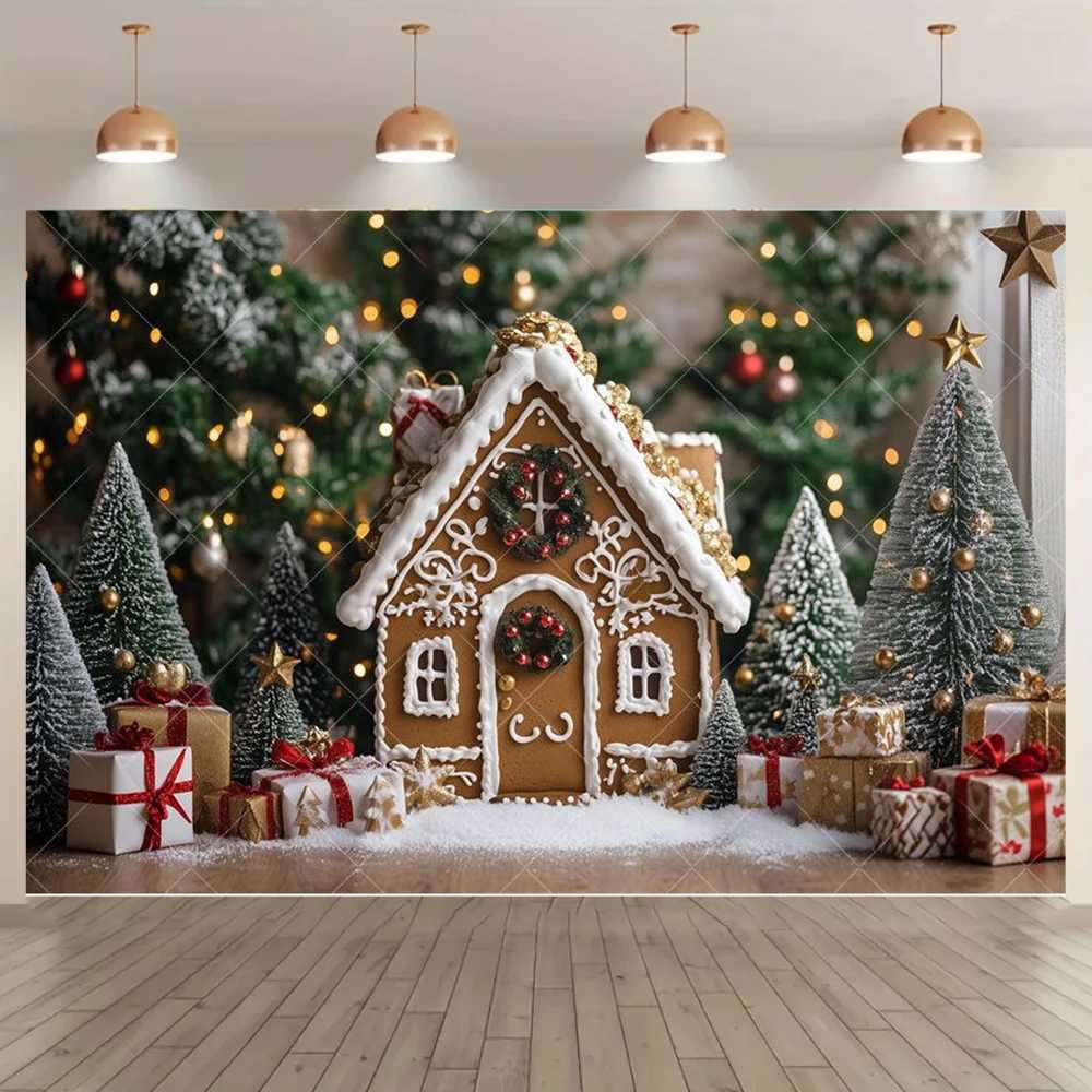 Gingerbread House Christmas Theme Photography Backdrop Gift Box Christmas Tree Home Party Banner Photo SuppliesM251125