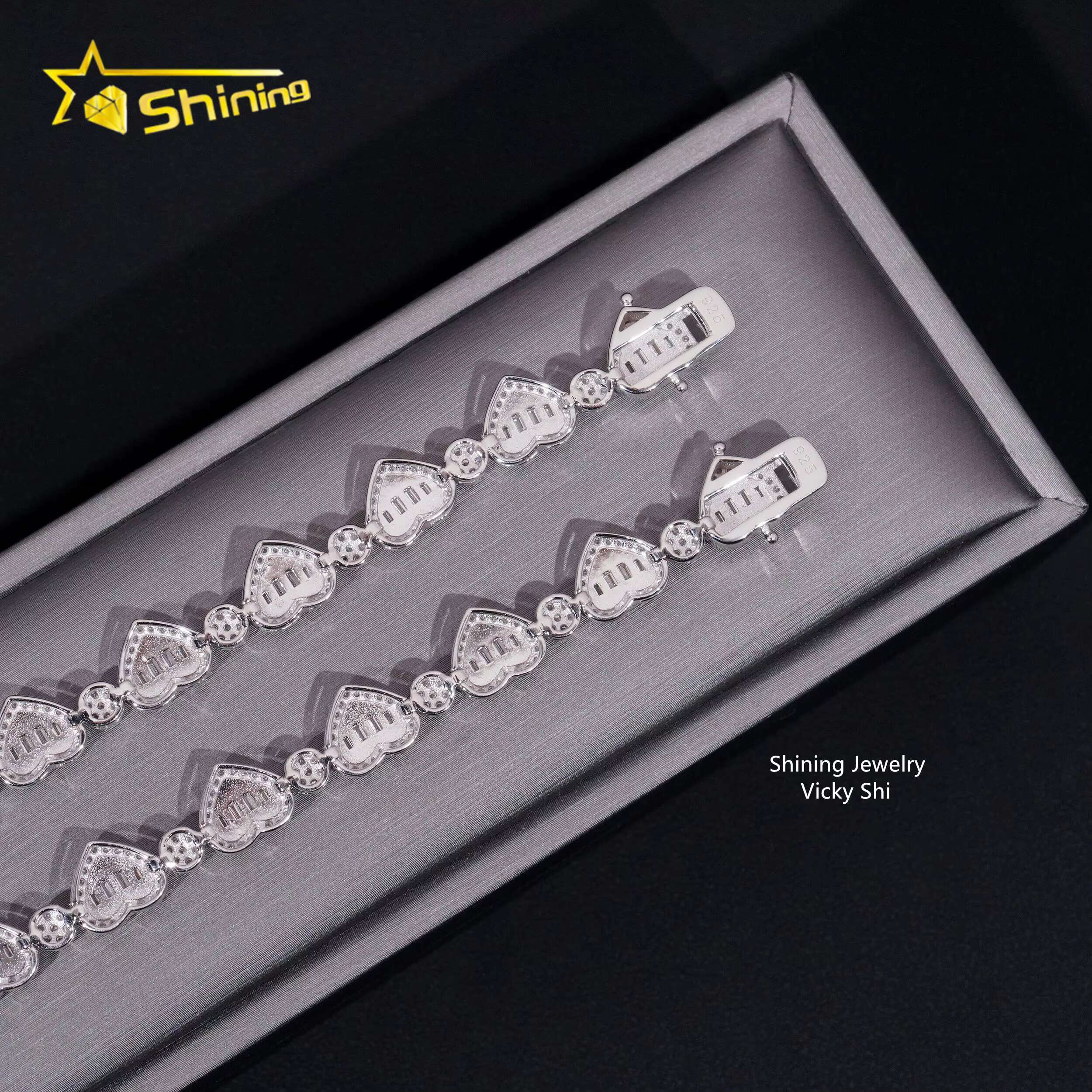 New Iced Out 925 Sterling Silver Heart Shape Moissanite Bracelet Trendy Men Hip Hop Jewelry Moissanite Cuban Link Chain