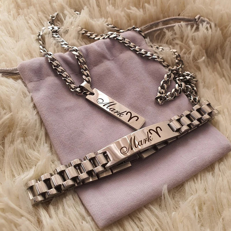Personalized Custom Carving Name Necklaces For Men Women Nameplate Bar Cuba Chain Pendants Bangles Stainless Steel Jewelry Set 250425