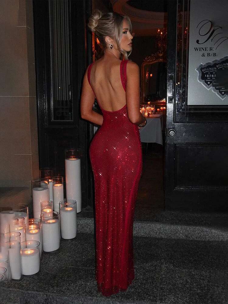 Dongdumaoyi Townlike Hot Diamonds Nightclub Sexy Party Dress Women Spaghetti Strap Spring Summer Slim Bodycon Maxi Long Dresses