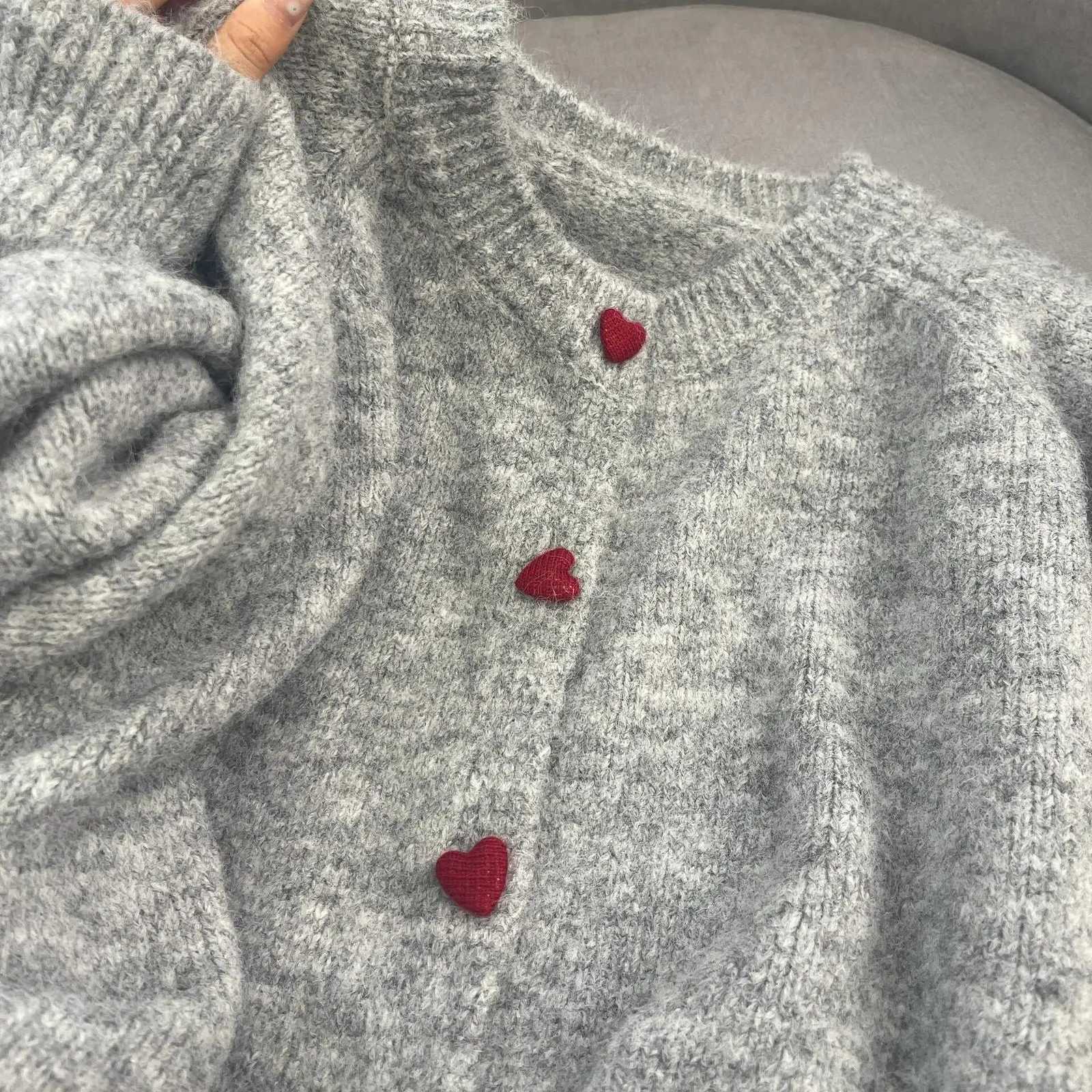 Deep Grey Wool Knitted Cardigan For Women 2025 Autumn Winter Soft And Sticky Warm Love Buckle Shoulder SleevesT251125
