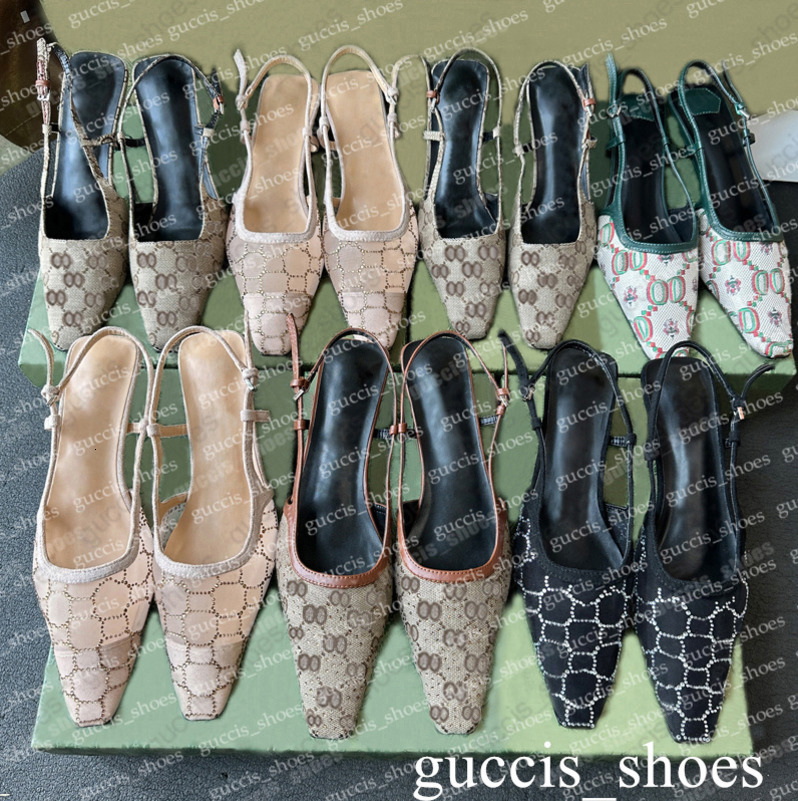 Lace up shallow cut shoes Slingback Designer Sandals Mid Heel Black mesh with crystals sparkling Print shoes Rubber Leather summer Ankle Strap Slippers slides 35-41