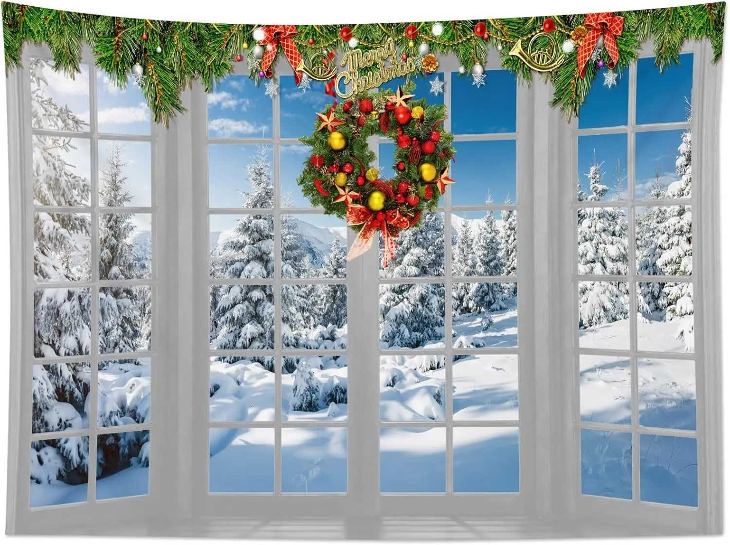 Winter Christmas Tapestry Pine Forest Snow Scene outside the Window and Christmas Wreath Holiday Decor Wall Tapestry for BedroomM251125