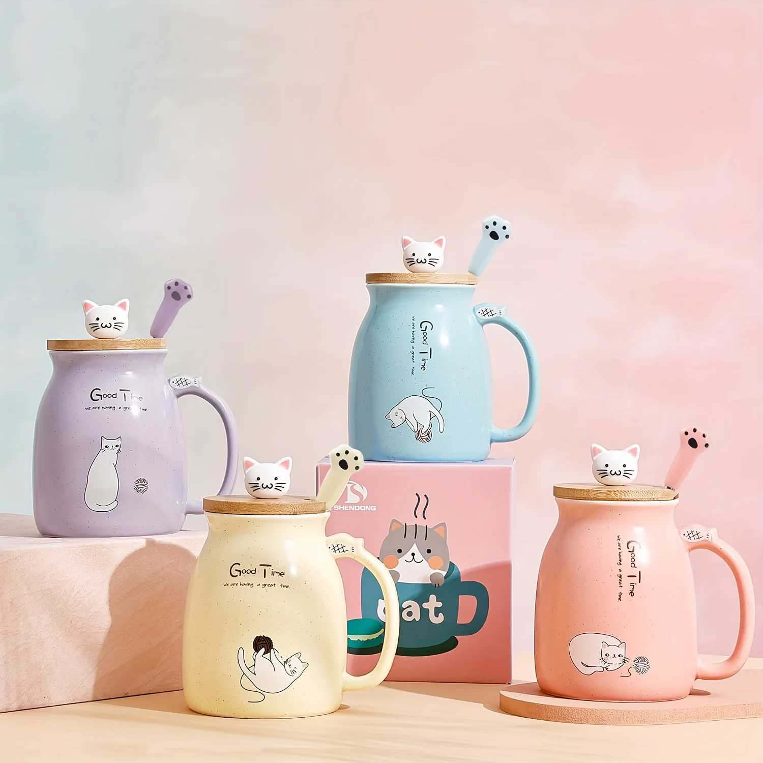 Kawaii Cat Mug 13oz Ceramic Tea Cup with Lid and Spoon Gifts for Cat Lovers and Women Birthday and Christmas Y251125