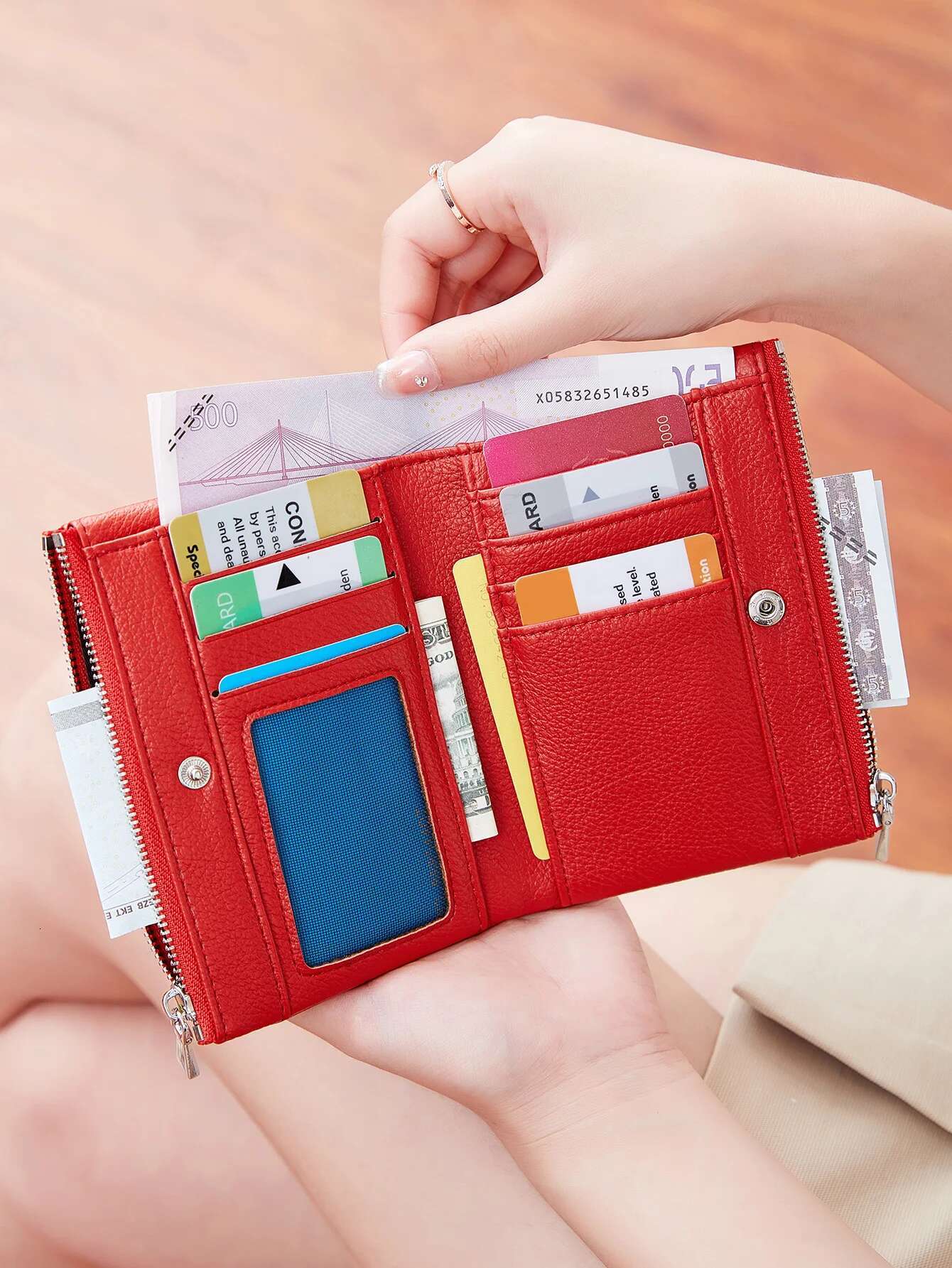 Women's PU Leather Short Double Zippered Wallet Simple Solid Color Large Capacity Credit Card Holder Bag With Coin Pocket