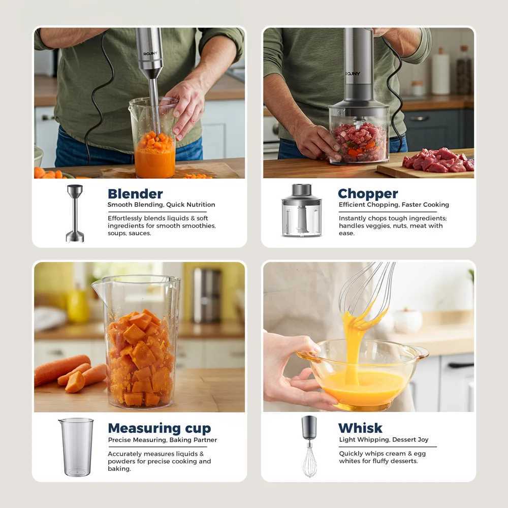 ROUNY 4-in-1 Hand Immersion Blender 1000W Powerful Stainless Steel Stick Food Mixer700ml Mixing Beaker500ml Processor Whisk L251125