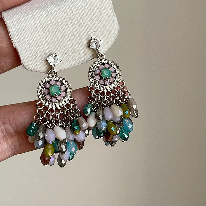 Minar Bohemian multicolor crystal Miyuki Strand tassel Rhinestone round pendant earrings suitable for womens casual beach jewelry 250422