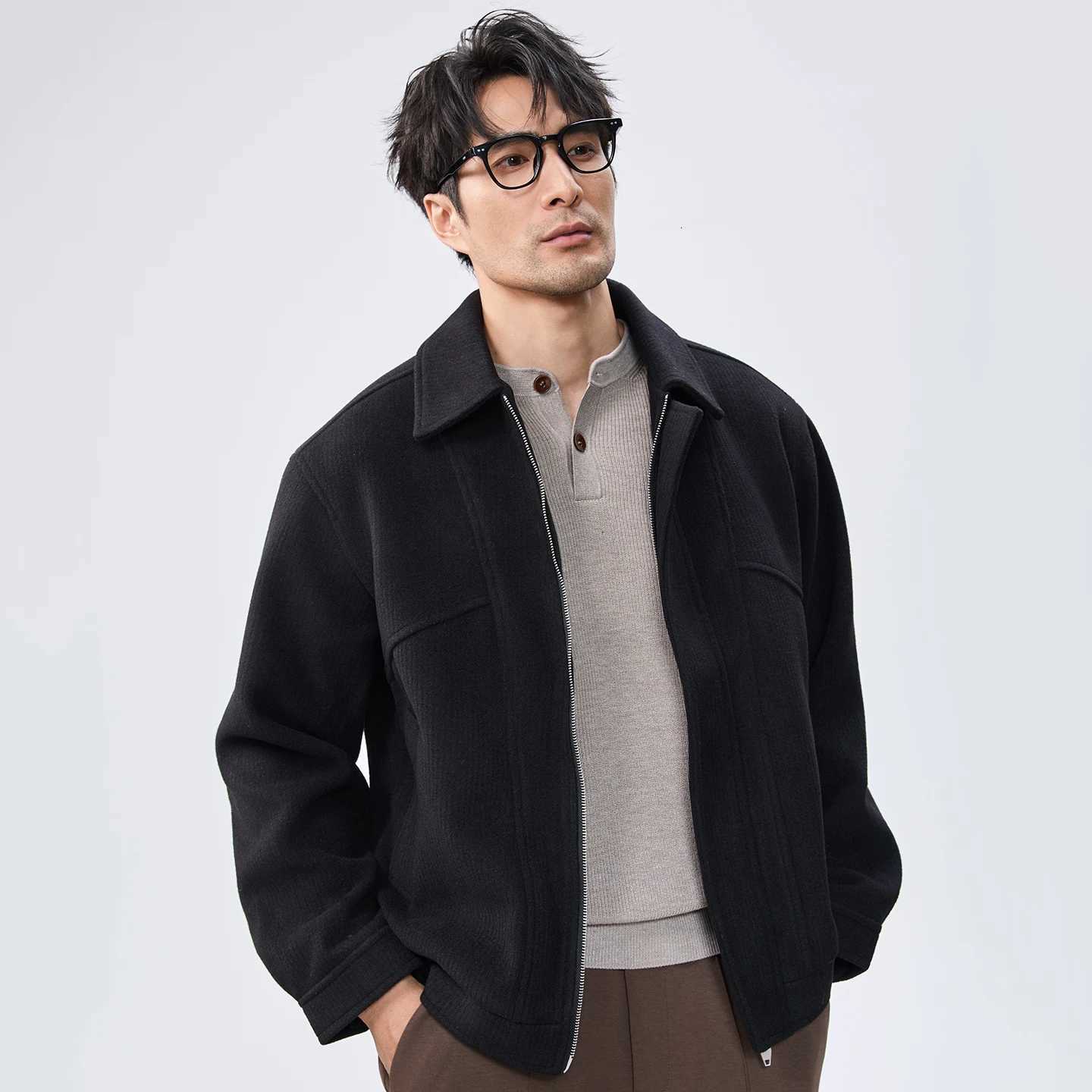 Winter Double Zipper Woolen Jacket Mens Versatile Lapel Casual Short Overcoat Thick Warm Business Social Wool Blend JacketsT251125