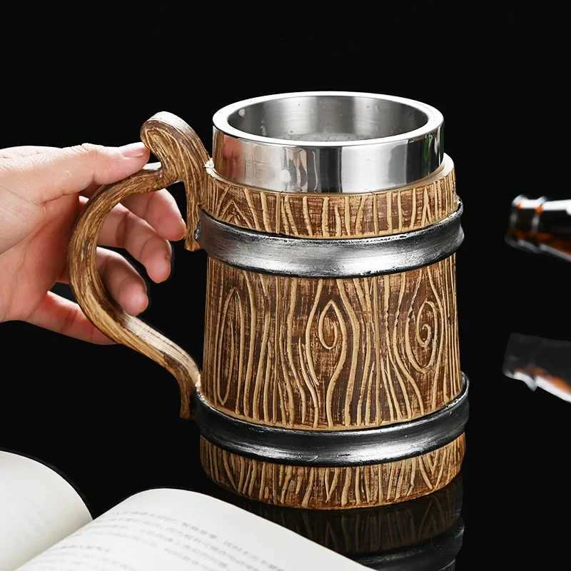 Wooden Beer Mug 600ml Germany Wood Grain 304 Stainless Steel Medieval Tavern Imitation Barrel Tankard Coffee Cup Men Gift Retro Y251125