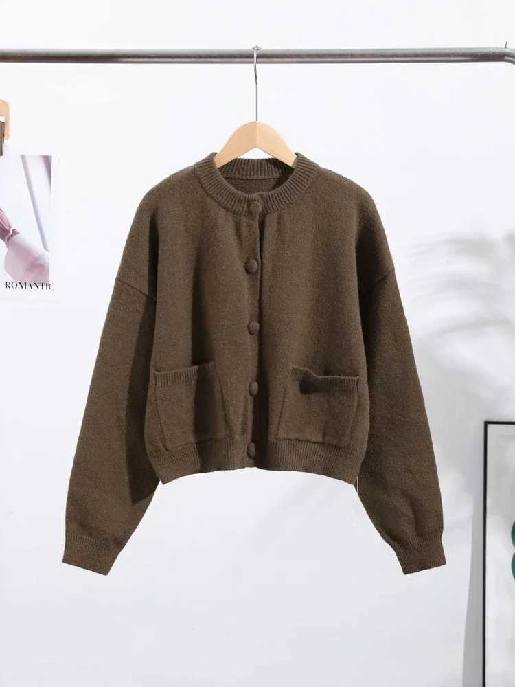Elegant Knitted Cardigan Women Solid O-neck Long Sleeve Single-breasted Pocket Sweater 2025 Autumn Lady Daily KnitwearT251125