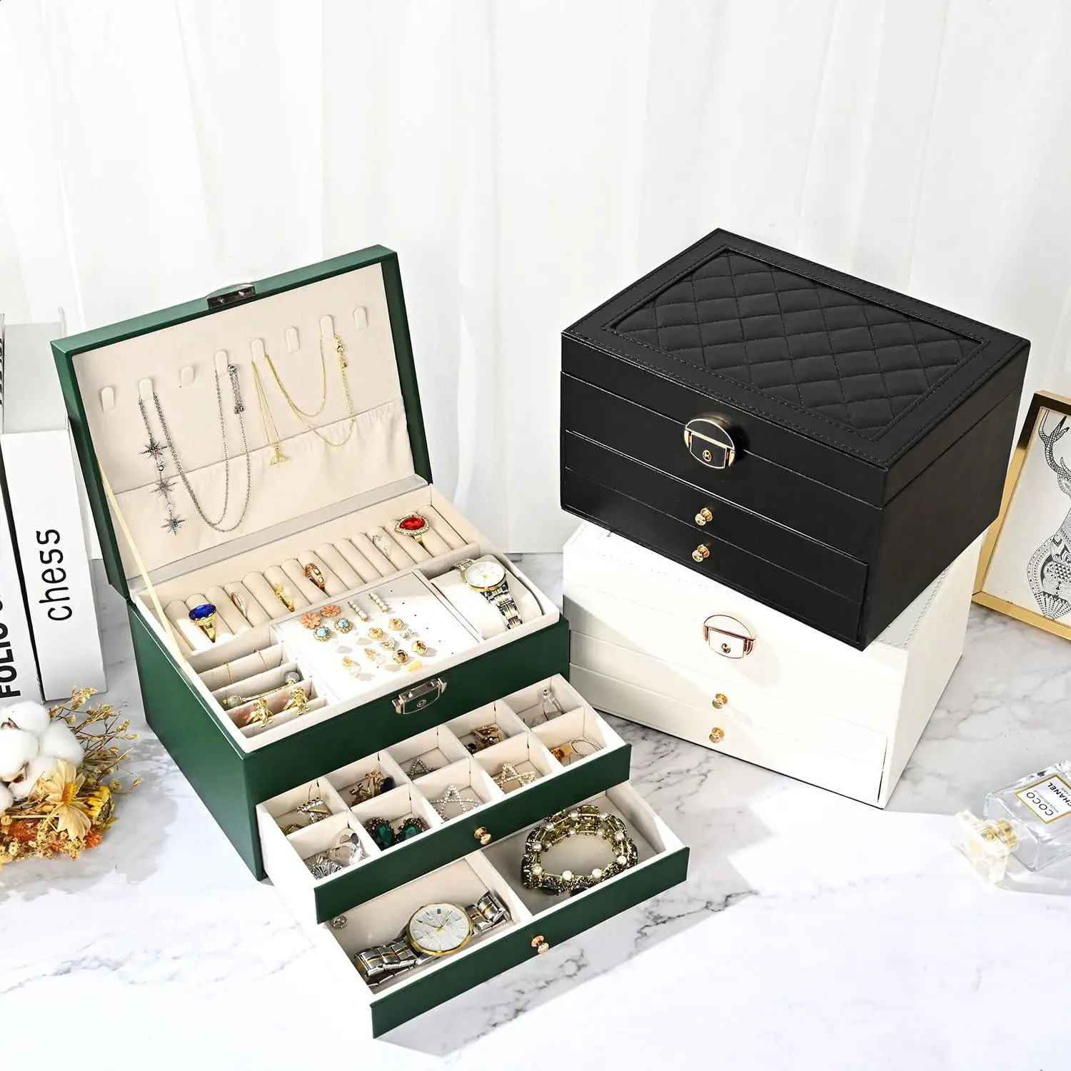 Large Jewelry Storage Box Multi-Layer Organizer For Jewelry Necklace Earring Leather Jewellery Storage Packaging Display Boxes 250424