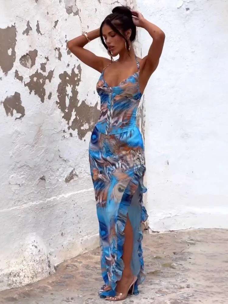 Dongdumaoyi Townlike Ruffles Asymmetric Maxi Long Dress Women Halter Spring Summer Print Backless Nightclub Sexy Party Dresses