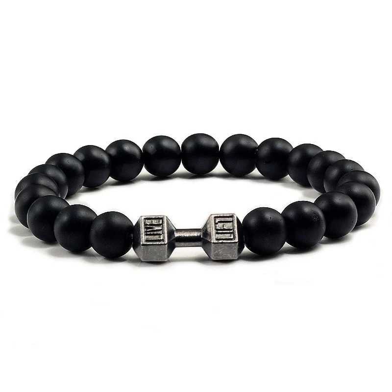 Natural Volcanic Stone Bracelet Men Matte Black Lave White Beads Charm Dumbbell Strand Bracelets Women Barbell Fitness Jewelry J251125