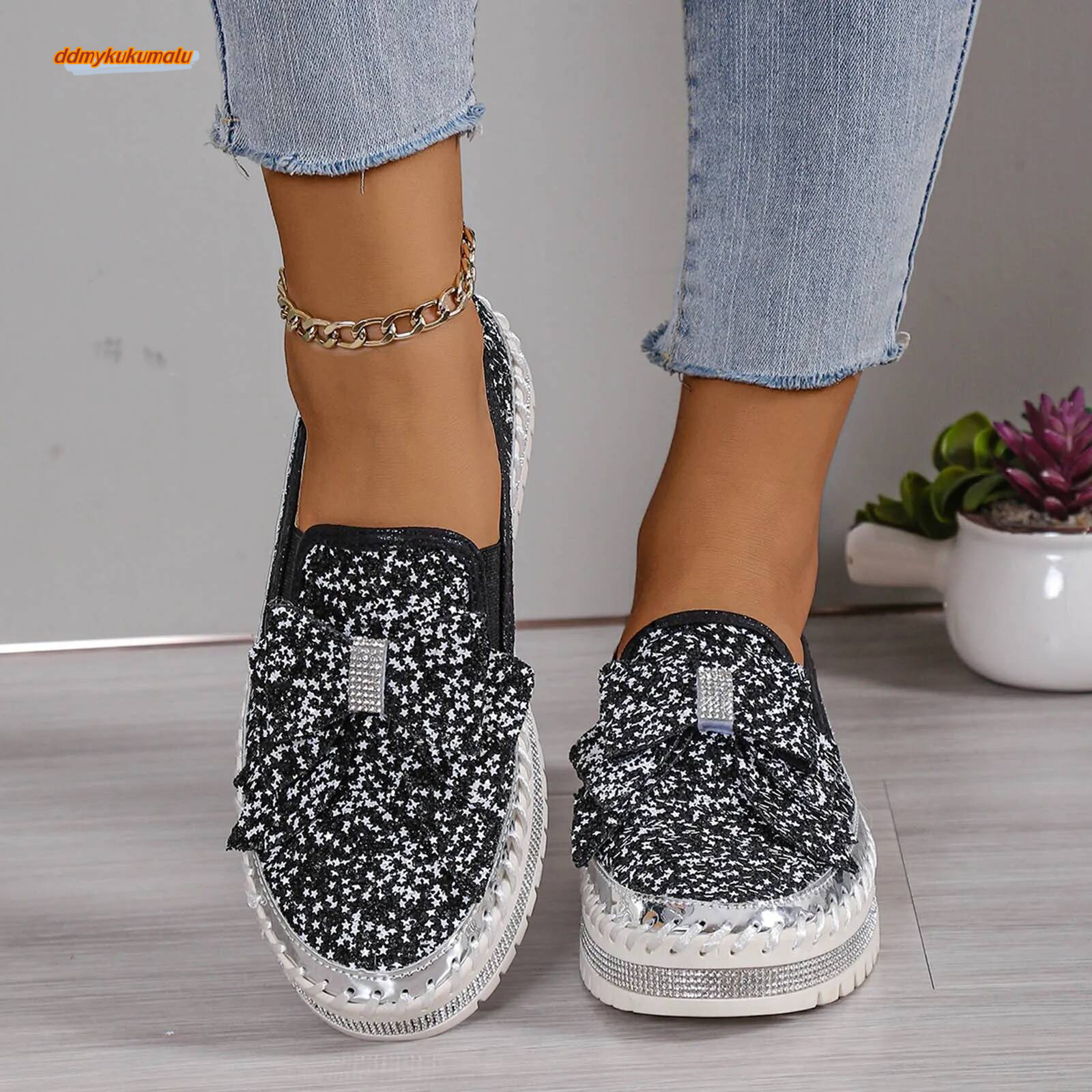 Sneakers Women'S Fashion Sequin Bow Slip On Casual Comfortable Shoes ddmykukumalu