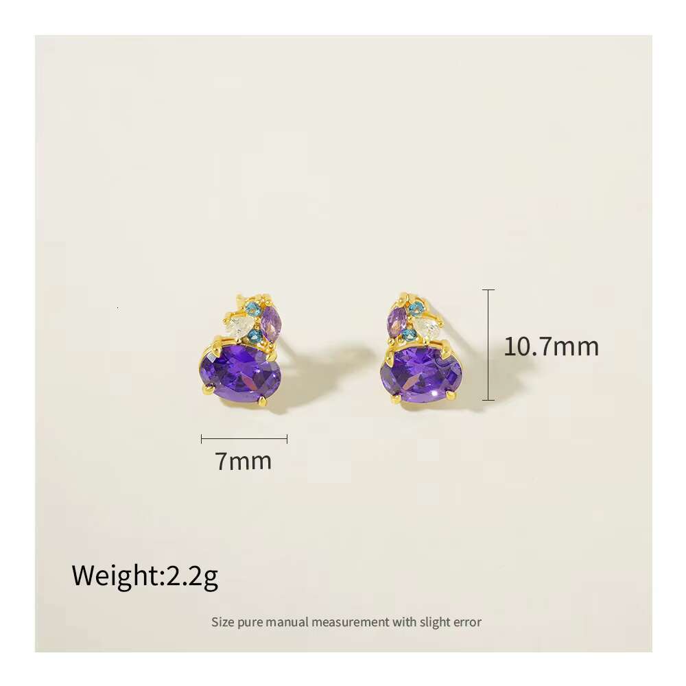 Exquisite handmade pure sier with gold plated oval purple crystal zircon earrings for women