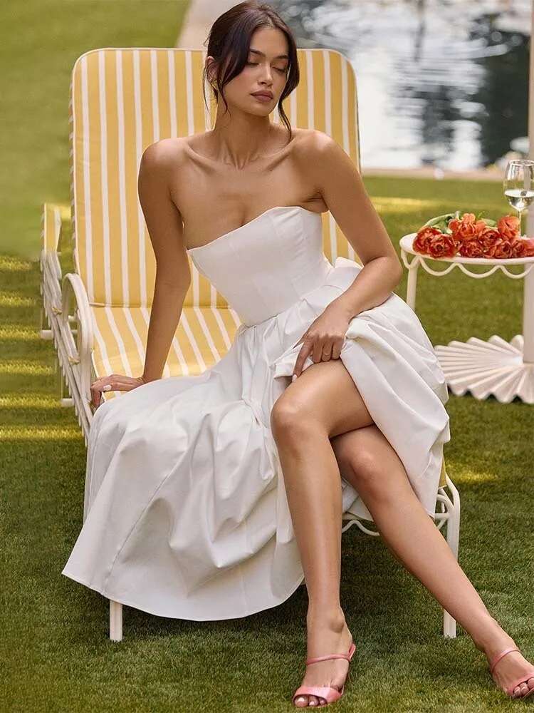 Dongdumaoyi Townlike Midi Long Pleated A Line Dress Women Spring Summer Strapless Nightclub Sexy Party Dresses