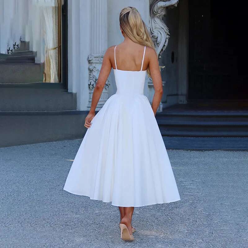 Dongdumaoyi Townlike Pleated Midi Long A Line Dress Women Spaghetti Strap Spring Summer Backless Nightclub Sexy Party Dresses