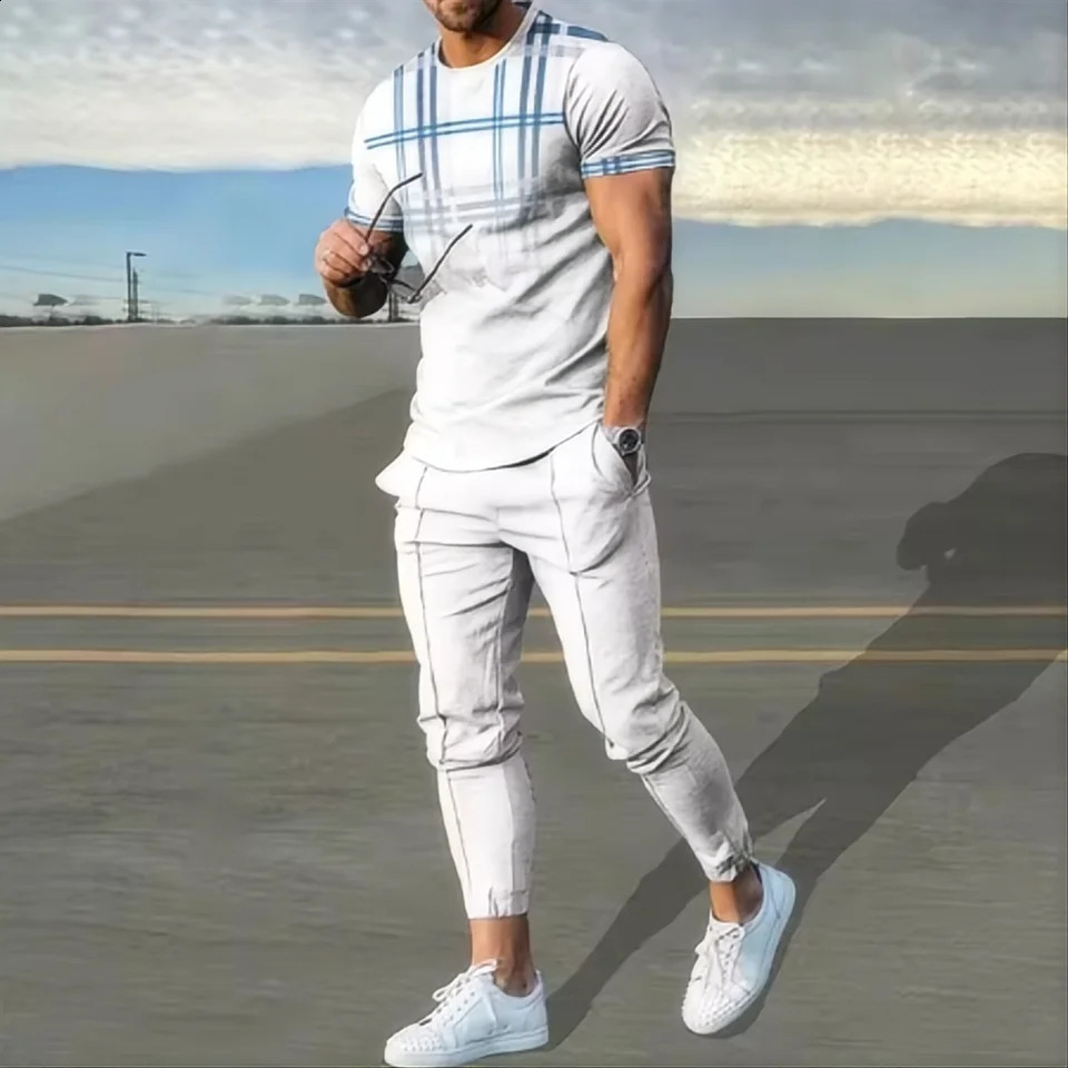 Summer mens sportswear set short sleeved T-shirt long pants two-piece set mens sportswear 3D printing casual trend exceeds the standard 250422