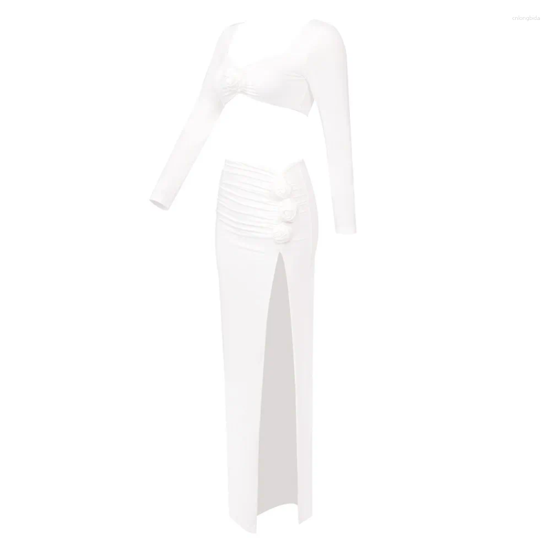 Two Piece Dress Floral Design Sexy Trend Hanging Neck Patchwork Backless Slit Long Skirt Set