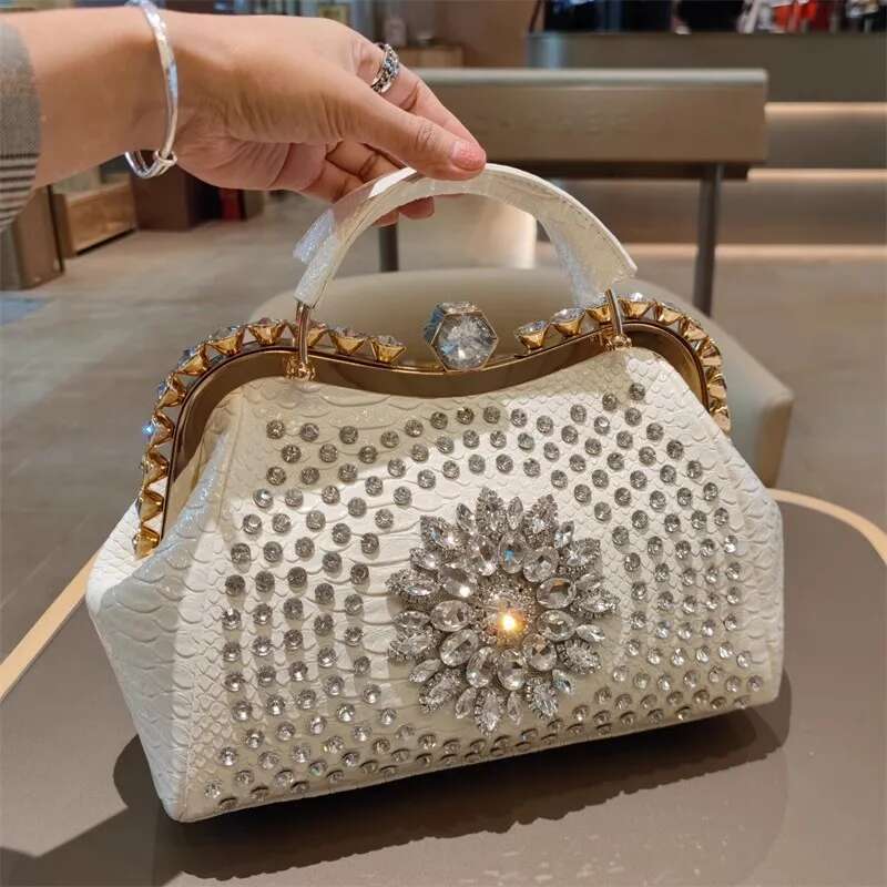 Spring new rivet crystal horizontal large-capacity metal button handbag banquet dress one-shoulder cross-body women's bag