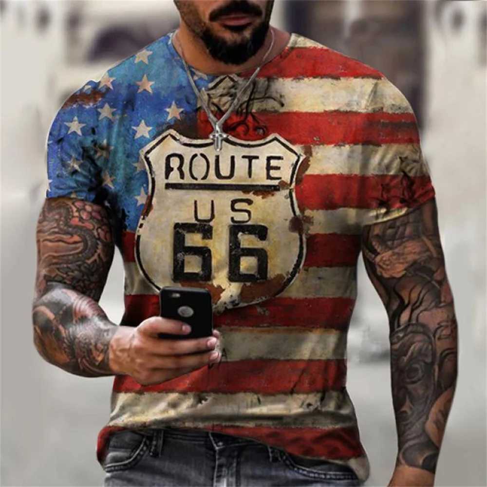 Summer T-shirt US Route 66 letter 3D printing cool mens short sleeved oversized T-shirt retro streetwear boy T-shirt top W250425