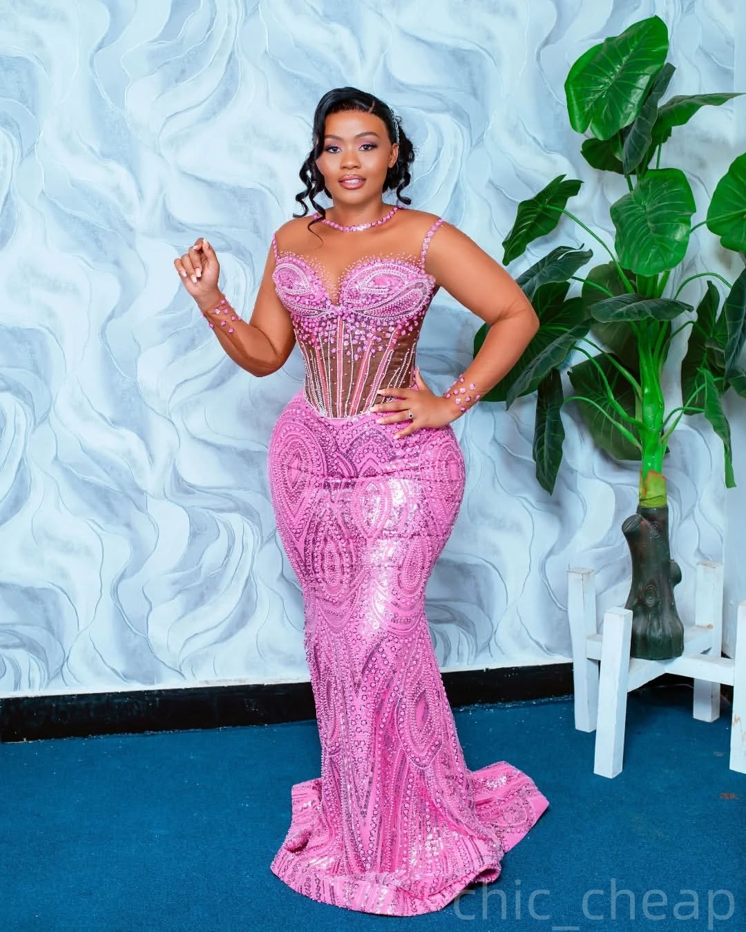 Pink Mermaid Plus Size Prom Dresses 2025 Illusion Sequined Beaded Sheer Neck Evening Formal Party Second Birthday Engagement Gowns Dress For Special O