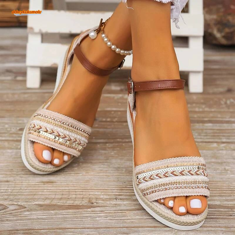 Women's Braided Casual Sandals Buckle Strap Platform Wedge Sandles for Women 2024 Summer Light Non Slip Walking Sandalias Mujer ddmykukumalu