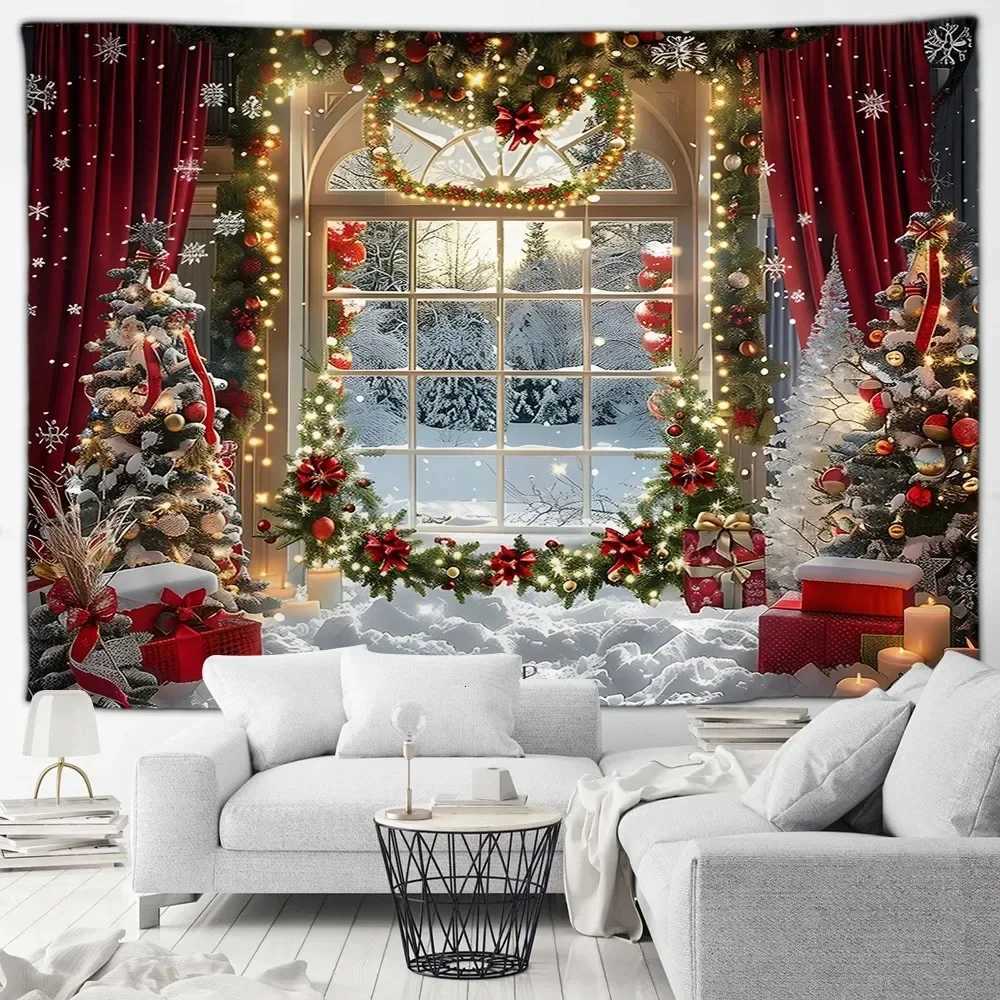 Christmas Day party decoration tapestry Winter snow scene Christmas tree garland window landscape wall hanging home decorationM251125