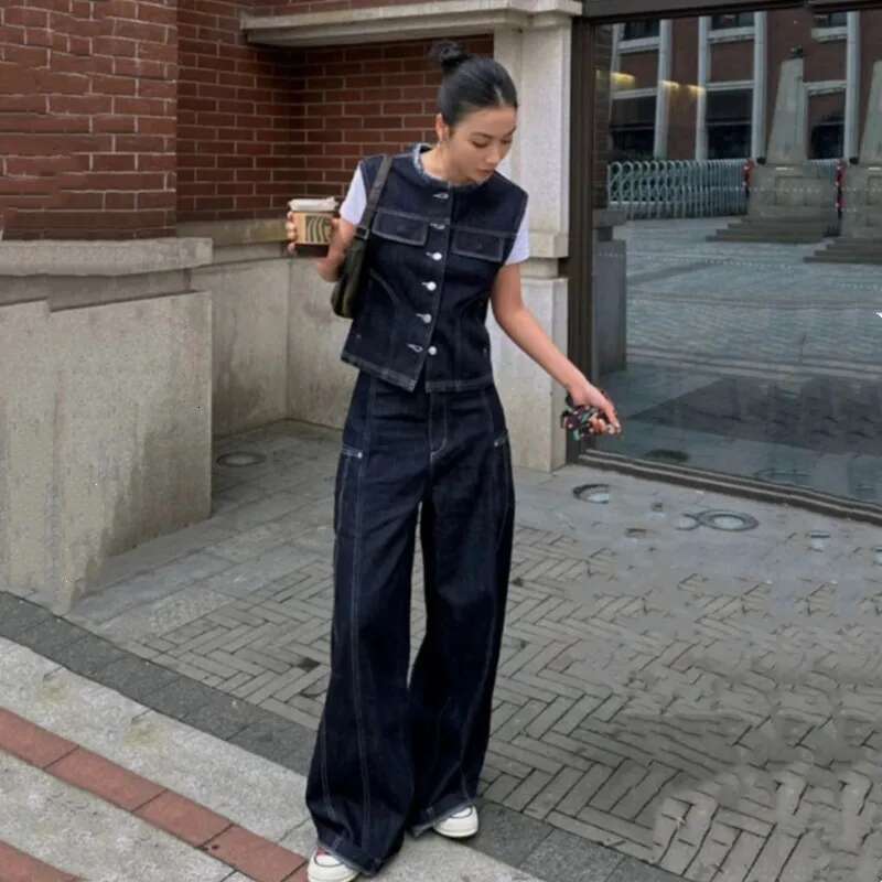 Hong Kong Style Denim Vest Spring New Item Retro Simple Loose Straight Wide Leg Pants Two-Piece Set Trendy