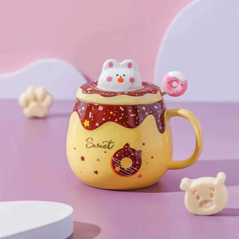 400ml Cute Cat Donut Mug with Lid and Spoon Ceramic Coffee Cup 3 Colors Available Sweet Gift for Girls Friends Birthday Y251125