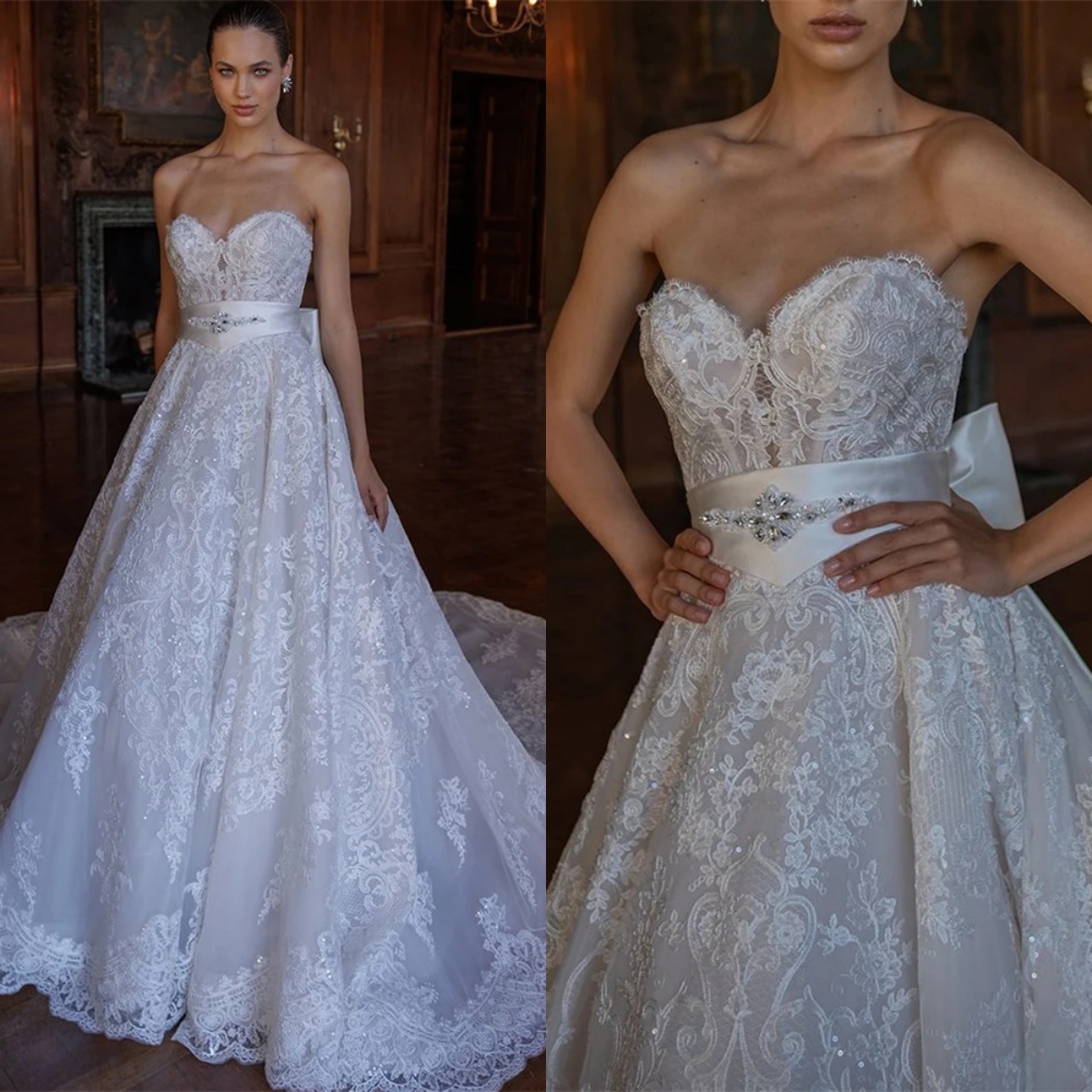 Classic A Line Women Wedding Dress Sweetheart Neck Sleeveless Bridal Gowns Lace Crystal Sweep Train Dress Custom Made