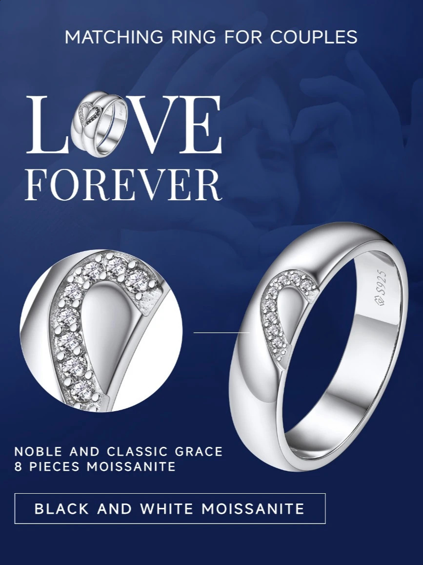 U7 pure silver matching heart-shaped silica couple ring white black gemstone 5mm flat ribbon wedding anniversary unisex ring 250422