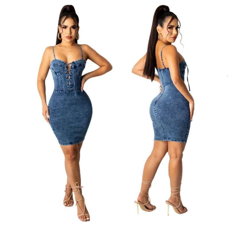 Dongdumaoyi Spring And Summer Sexy Women S Fashion Skinny Sheath Backless Spaghetti Straps Denim Dress D