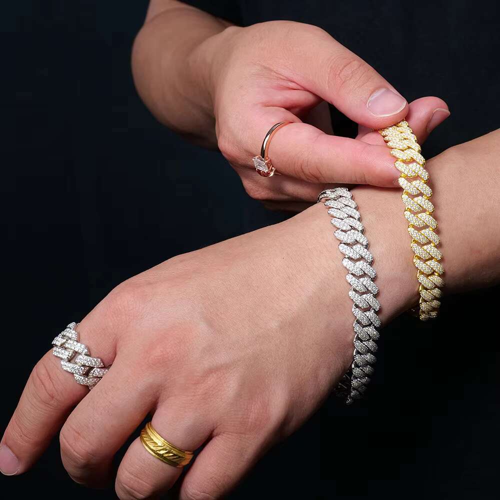 Stock Available 925 Sterling Silver Hip Hop Full Iced Out Moissanite Diamond 12mm Rhombic Style Cuban Link Chain Men Bracelet