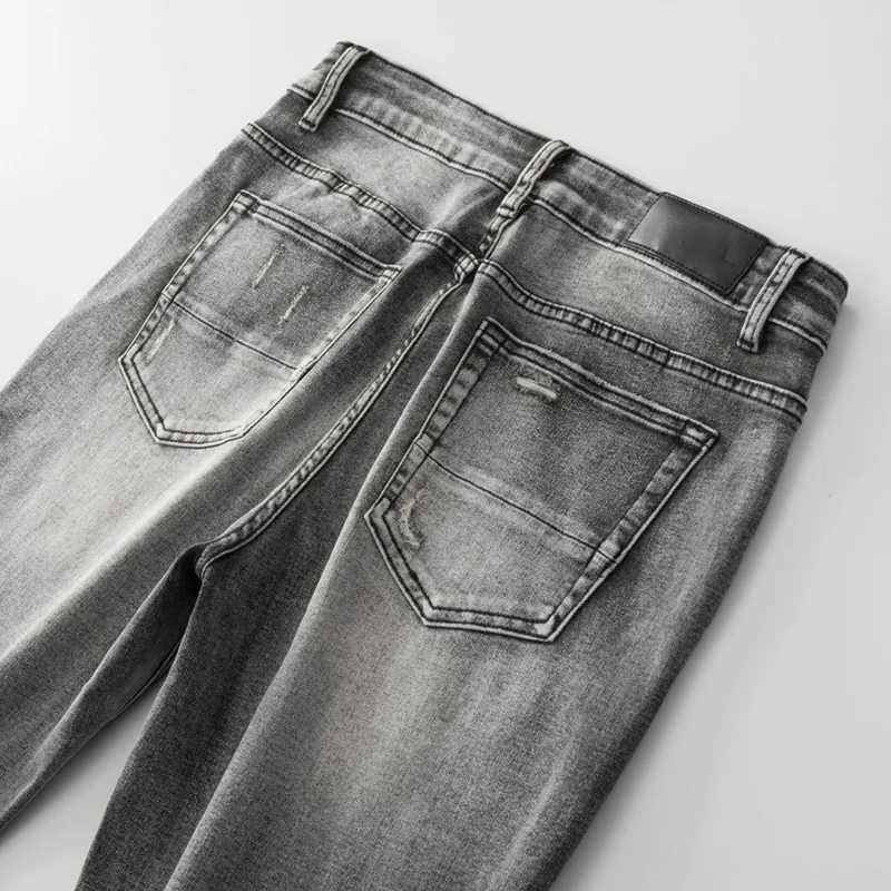 Fashion Mens High Streetwear Distressed Gray Stretch Skinny Ribs Patchwork Ripped Jeans Comes With Orignal Tags Y251124