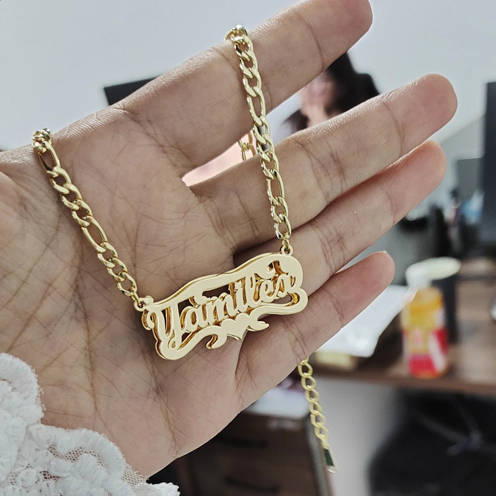 Custom Necklace Double Words Stainless Steel 3D Necklace Personalized Necklaces Name with Heart Shaped Figaro Chain Necklace 250425