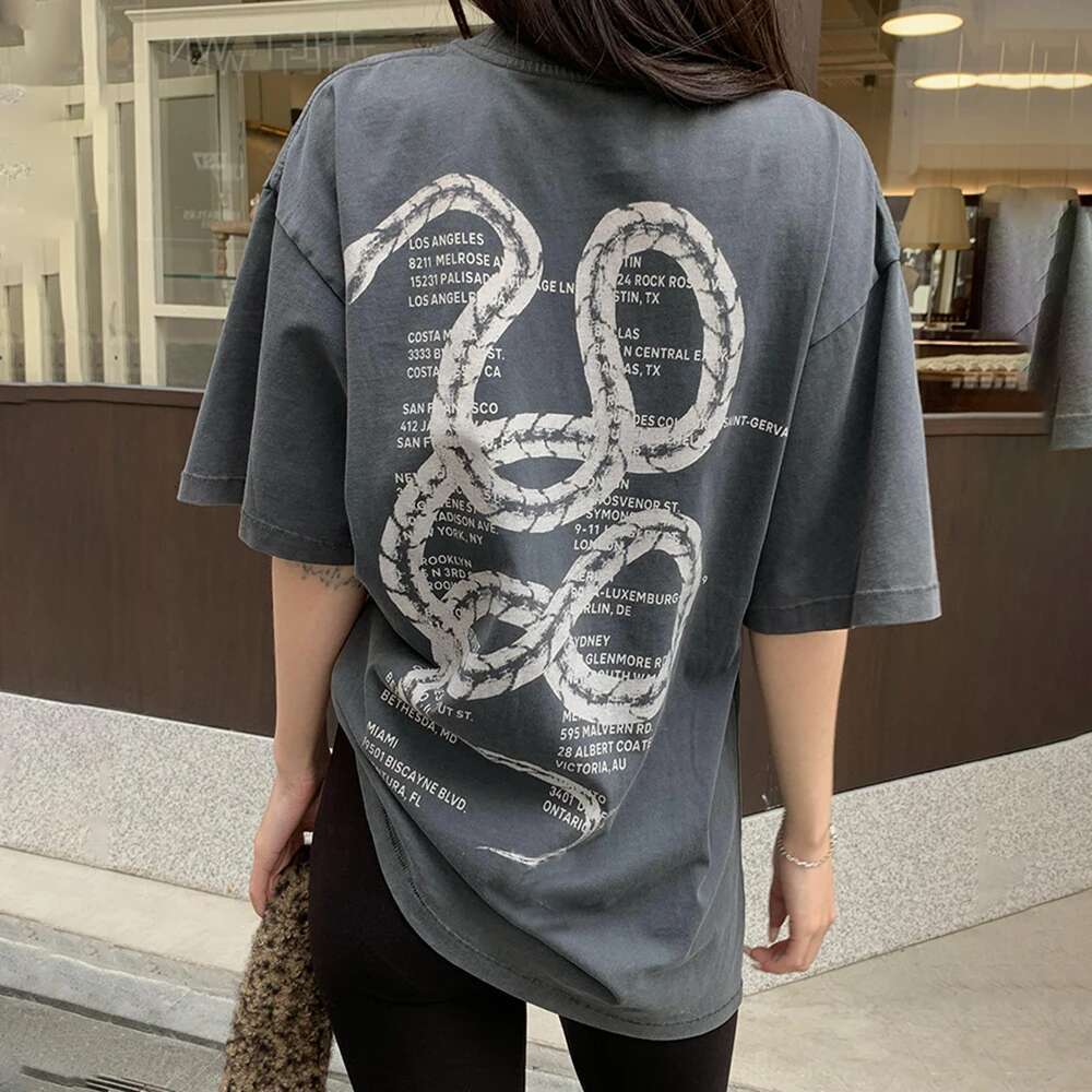 H5t318 Spring New North American Niche Snake Letter Print Washed Color Distressed Charcoal Gray Ladies Short-Sleeved T-Shirt