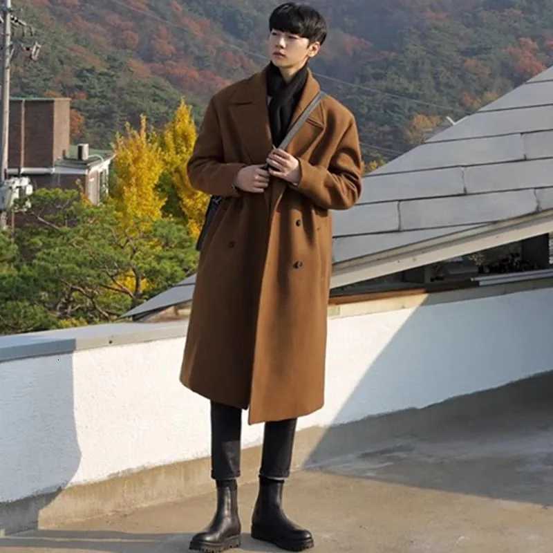 2025 Spring Medium Length Coat Men Fashion Woolen Trench Coats Korean Loose Casual Double Breasted JacketsT251125