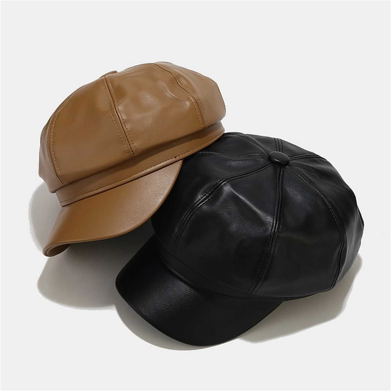 Retro Fashion Ladies PU Leather Octagonal Hat Versatile Temperament Circumference Beret Korean Streetwear Accessory J251125