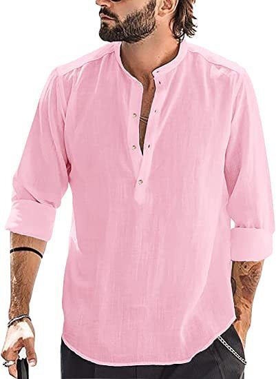 Casual mens loose shirt mens fashion stand collar cotton linen long sleeve color 2022