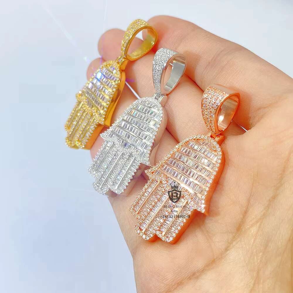 Hot Sale Bling Iced Out Hamsa Hand Pendant Sterling Silver Moissanite 925 Silver Pendant